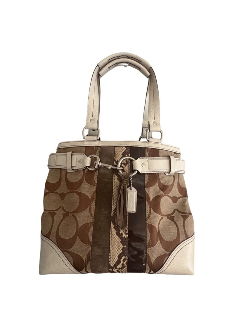 Coach Signature Y2K Jacquard Tote Brown Snakeskin Stripe Leather Shoulder Bag